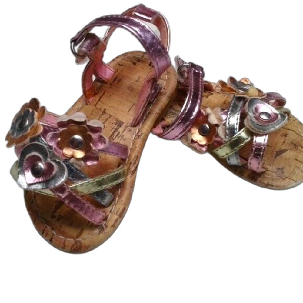 Rising Star Baby Girl Sandals 6-9Mo Shiny Metallic Hearts Flowers Pastels